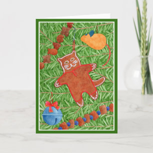 GINGERBREAD KITTY "Meowy Christmas" Card / Green Dankeskarte
