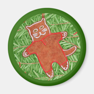 GINGERBREAD KITTY Round Magnet / Green