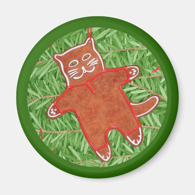 GINGERBREAD KITTY Round Magnet / Green (Vorne)