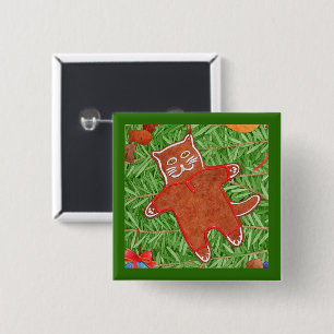GINGERBREAD KITTY Square Button Button / Green