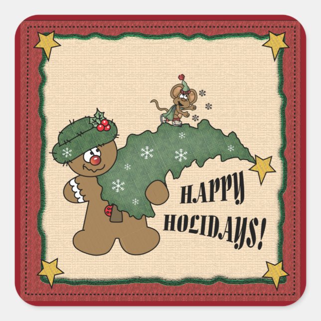 Gingerbread Man and Mouse Quadratischer Aufkleber (Vorderseite)
