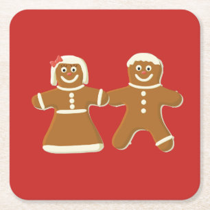 Gingerbread Man and Woman on Red Rechteckiger Pappuntersetzer