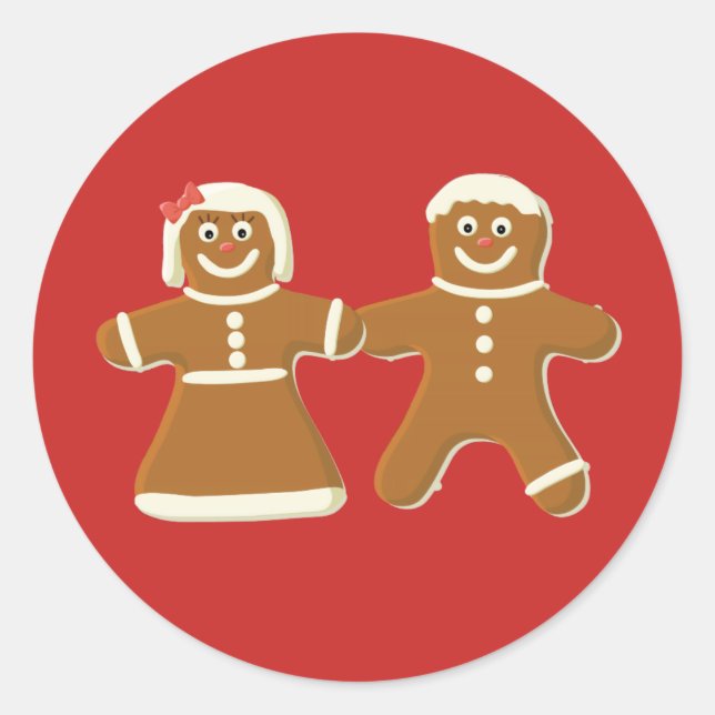 Gingerbread Man and Woman on Red Runder Aufkleber (Vorderseite)