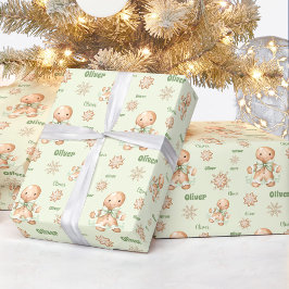 Gingerbread Man Boy Name Green Christmas Geschenkpapier