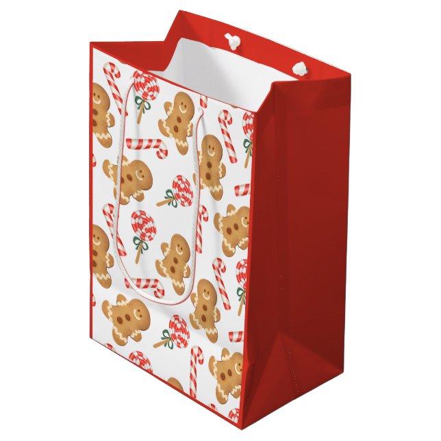 Gingerbread Man Candy Cane Lollipop Mittlere Geschenktüte (Vorderseite Schrägansicht)