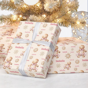 Gingerbread Man Girl Pink Beige Name Weihnachten Geschenkpapier