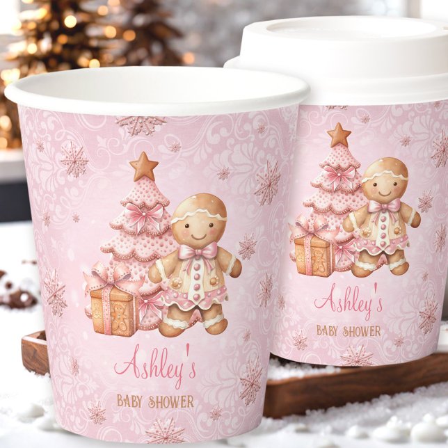 Gingerbread Man Girl Pink Weihnachtsdusche Pappbecher (Gingerbread Man Girl Pink Christmas Baby Shower Paper Cups)