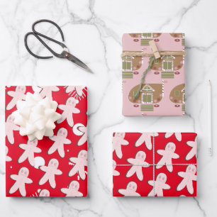 Gingerbread Man Haus Weihnachten Schneeflocken Rot Geschenkpapier Set