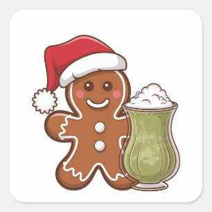 Gingerbread Man Holding Matcha Drink Weihnachten Quadratischer Aufkleber