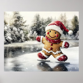Gingerbread Man Skating Print Christmas Art Poster