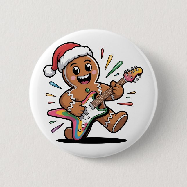 Gingerbread Man spielt Gitarre Electric Santa Button (Vorderseite)