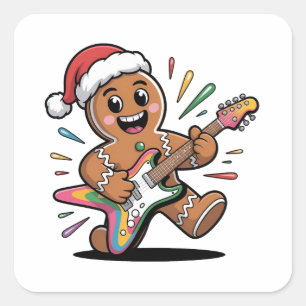 Gingerbread Man spielt Gitarre Electric Santa Quadratischer Aufkleber