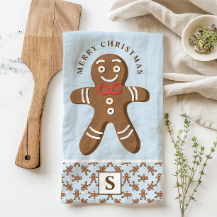 Gingerbread Mann Blaue Monogramm Frohe Weihnachten Geschirrtuch