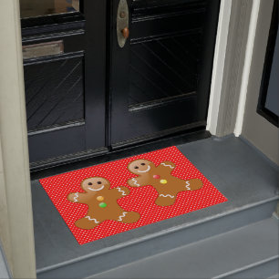 Gingerbread Men White Polka Dots on Red Fußmatte