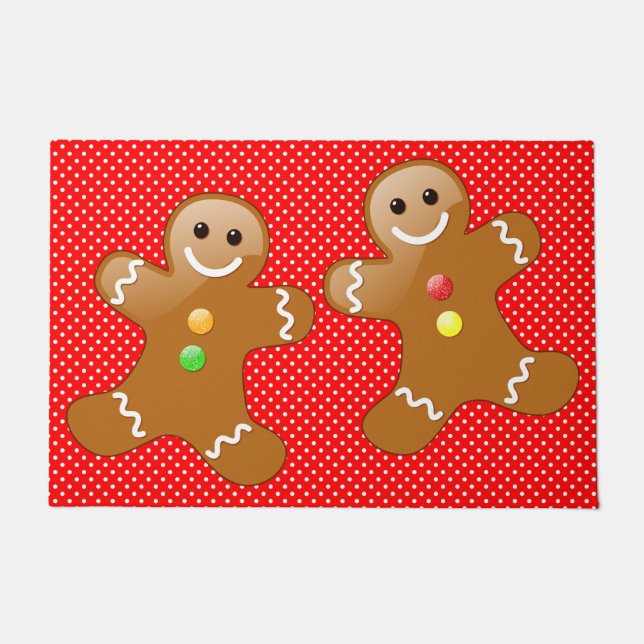 Gingerbread Men White Polka Dots on Red Fußmatte (Vorderseite)