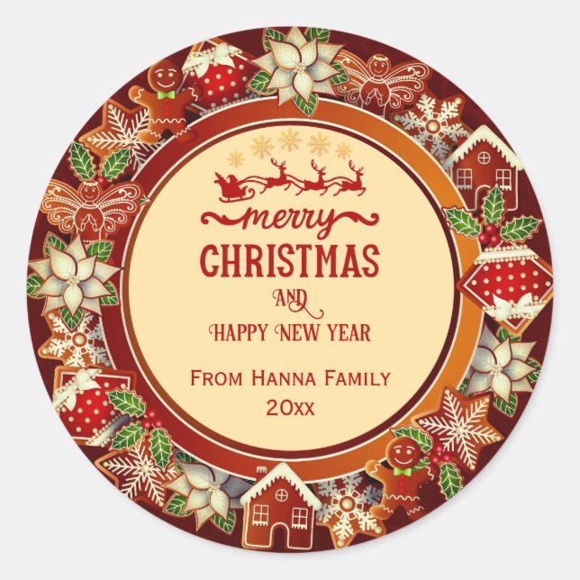 Gingerbread & Poinsettia Holiday  | Custom Family Runder Aufkleber (Vorderseite)