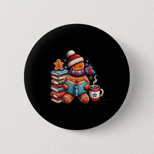 Gingerbread Reading Book Lovers Christmas Bookworm Button (Vorderseite)