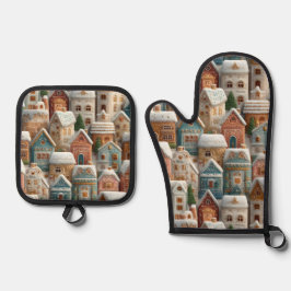 Gingerbread Snow Frosted Village Kitchen Ofenhandschuh & Topflappen-Set
