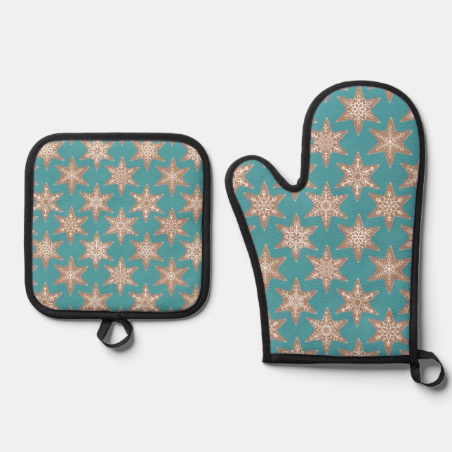 Gingerbread Stars Christmas (Green) Ofenhandschuh & Topflappen-Set (Vorderseite)