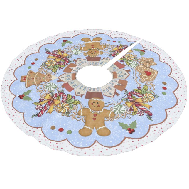 Gingerbrei Christmas Blue Treeskirt Polyester Weihnachtsbaumdecke (Schrägansicht)