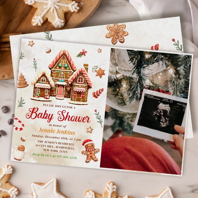Gingerbrei House Christmas Baby Shower Foto Einladung (Von Creator hochgeladen)