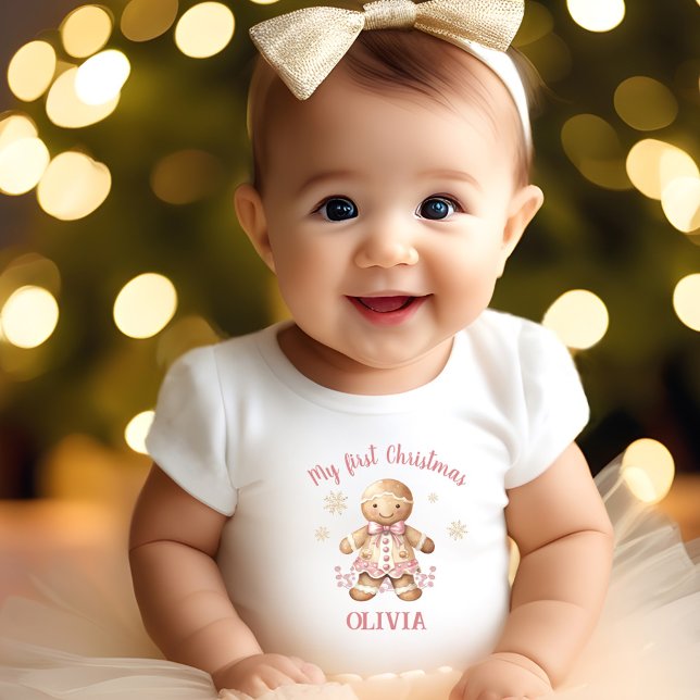 Gingerbrei Man Girl Pink Name Erster Weihnachtsanf Baby T-shirt (Gingerbread Man Girl Pink Name First Christmas Baby T-Shirt)