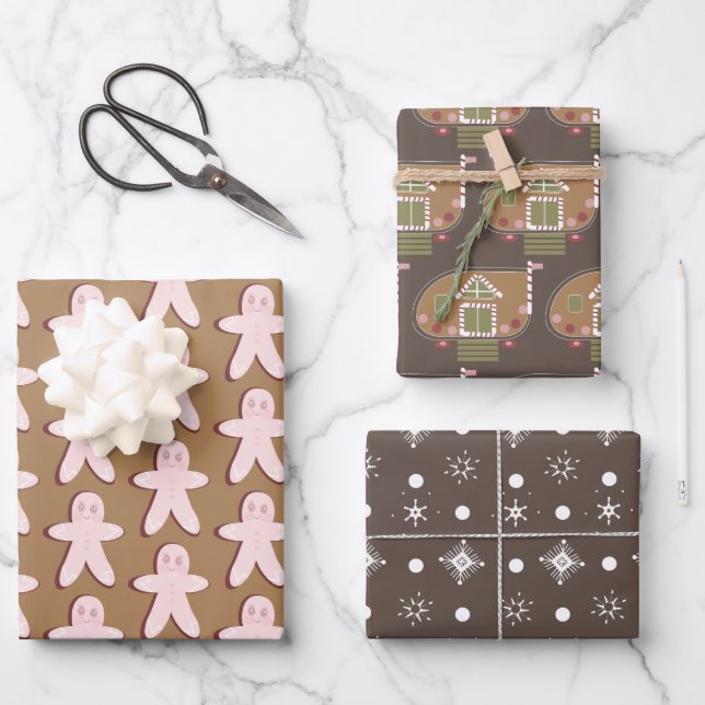 Gingerbrei Man House Weihnachtsschneeflocken Brown Geschenkpapier Set (Vorderseite)