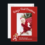 Gingerbrei Santa Red Foto Baby First Christmas Feiertagspostkarte<br><div class="desc">Die erste Weihnachtspostkarte eines Fotos. Diese niedliche Urlaubspostkarte beinhaltet eine Vorlage für das Foto Ihres Babys, einen lächelnden Cartoon-Lebkuchenmann mit Santa-Ausstattung, Ihre individuelle Nachricht und ein rot-weißes Farbschema. Fügen Sie einfach das Foto Ihres Babys mit einer speziellen Nachricht hinzu, fügen Sie diese Postkarte in Ihren Warenkorb und fügen Sie alle...</div>