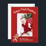 Gingerbrei Santa Red Foto Baby First Christmas Feiertagspostkarte<br><div class="desc">Die erste Weihnachtspostkarte eines Fotos. Diese niedliche Urlaubspostkarte beinhaltet eine Vorlage für das Foto Ihres Babys, einen lächelnden Cartoon-Lebkuchenmann mit Santa-Ausstattung, Ihre individuelle Nachricht und ein rot-weißes Farbschema. Fügen Sie einfach das Foto Ihres Babys mit einer speziellen Nachricht hinzu, fügen Sie diese Postkarte in Ihren Warenkorb und fügen Sie alle...</div>