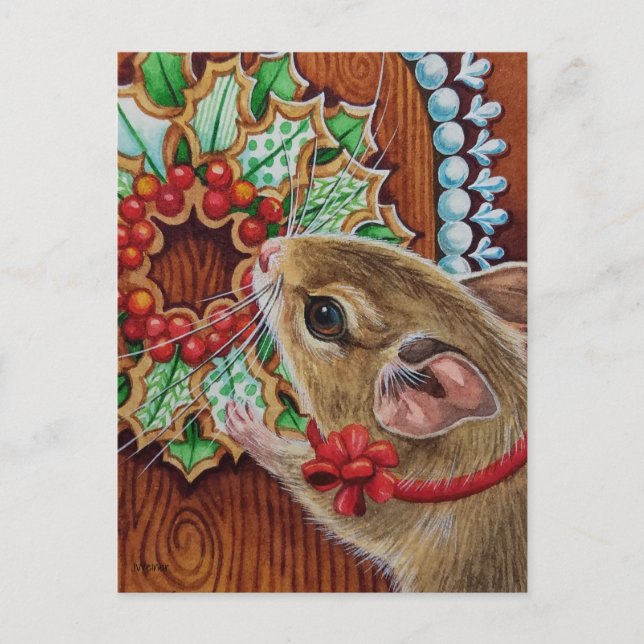Gingerbrett House Mouse & Wreath Wasserfarbe Kunst Postkarte (Vorderseite)