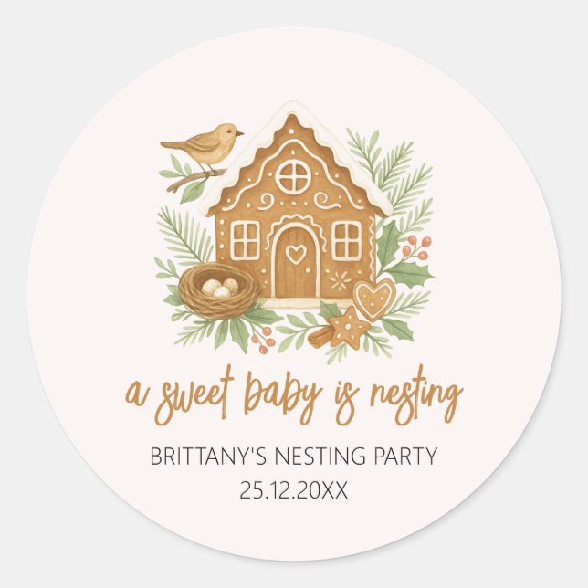 Gingerbrett Hütte Winter Nesting Baby Dusche Runder Aufkleber (Vorderseite)