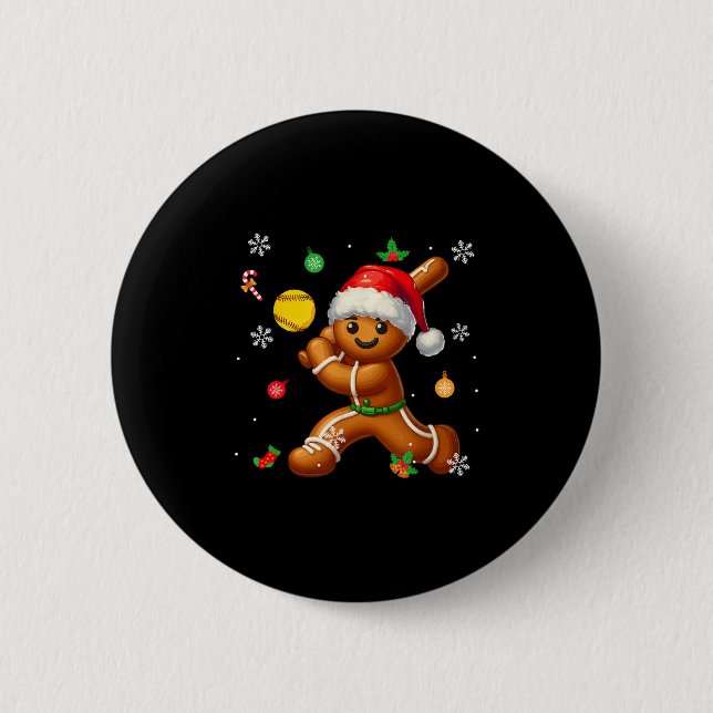 Gingerbrett Playing Softball Weihnachtsspielerisch Button (Vorderseite)