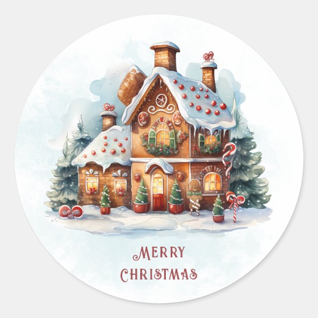 Gingerbrett Weihnachtsaufkleber im Haus Runder Aufkleber (Vorderseite)