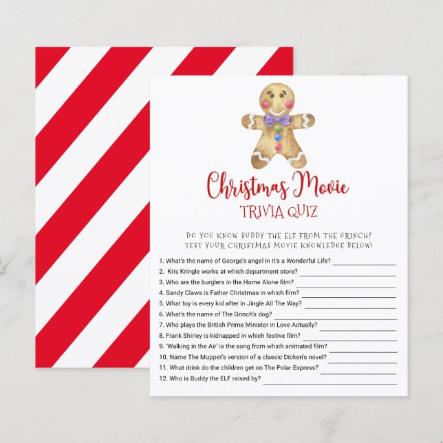 Gingerbrett Weihnachtsfilm TRIVIA QUIZ Game Card (Vorne/Hinten)