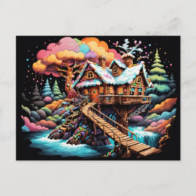 Gingerbrot-Baumhaus oberhalb der Weihnachtssterne Feiertagspostkarte (Vorderseite)
