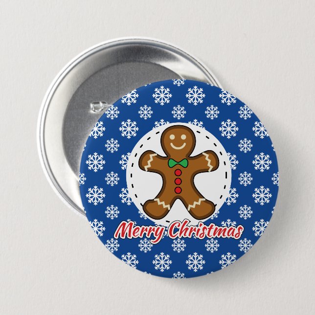 Gingerbrot - Blaue Schneeflocken Muster - Merry Xm Button (Vorne & Hinten)