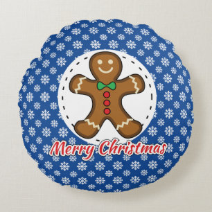 Gingerbrot - Blaue Schneeflocken Muster - Merry Xm Rundes Kissen