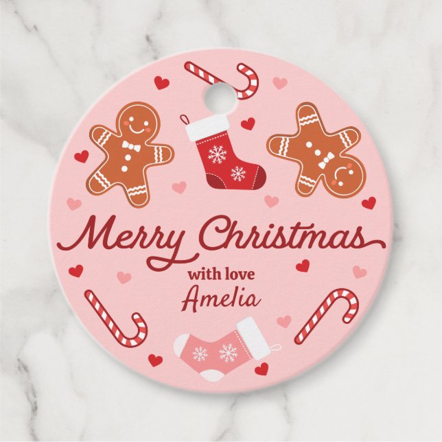 Gingerbrot Candycane-Strumpf Rosa Weihnachten Geschenkanhänger (Vorderseite)