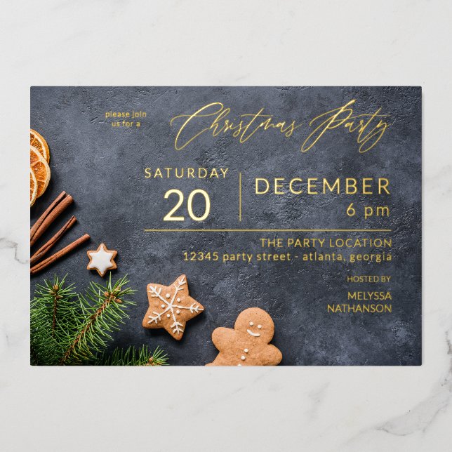 Gingerbrot Cookie & Orange Weihnachtsgebäck Party Folieneinladung (Vorderseite)