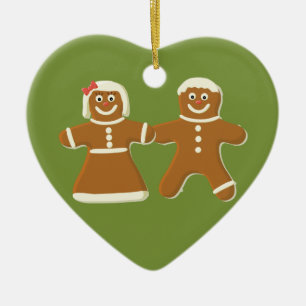 Gingerbrot Couple on Green Heart Holiday Ornament