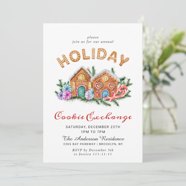 Gingerbrot House Cookie Exchange Weihnachten Einladung (Stehend Vorderseite)