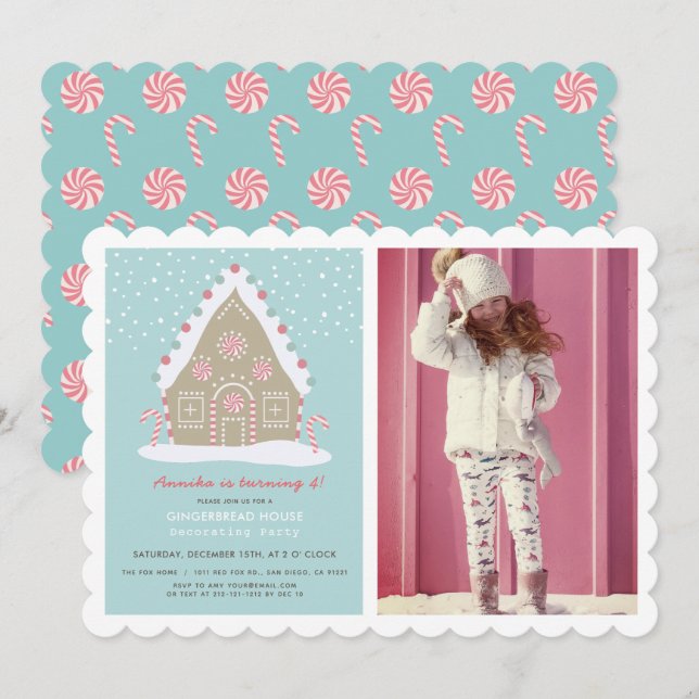 Gingerbrot House Dekorieren Blue Birthday Foto Einladung (Vorne/Hinten)