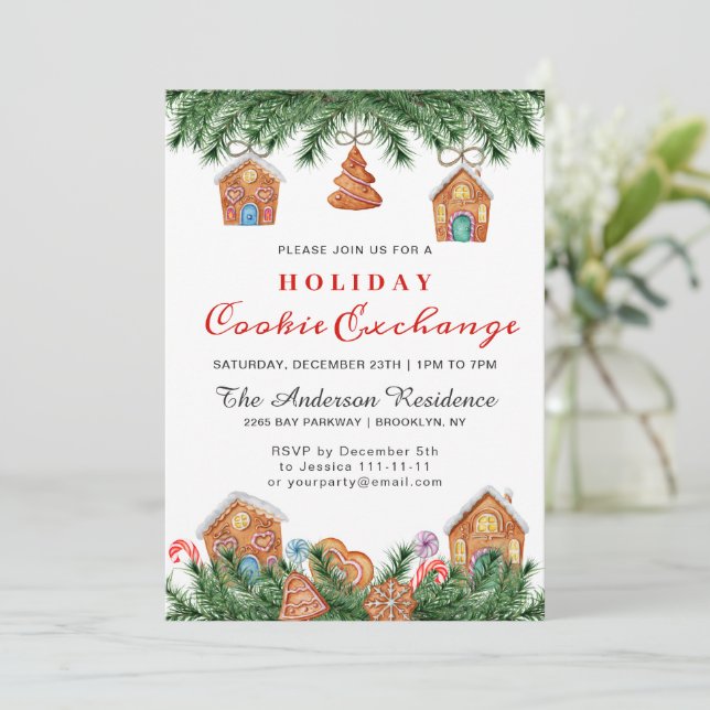 Gingerbrot House, Man Holiday Cookie Exchange Einladung (Stehend Vorderseite)