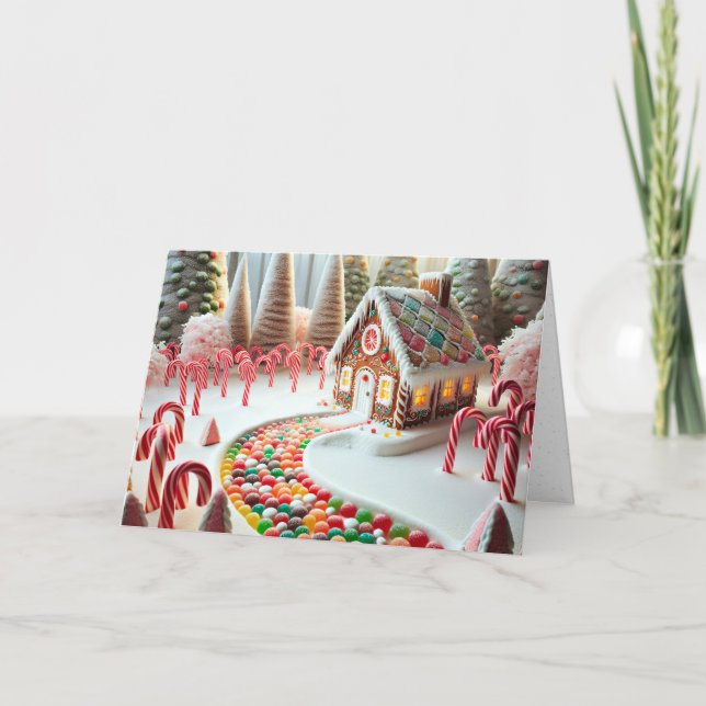 Gingerbrot House mit Süßspeisen Feiertagskarte (Vorderseite)