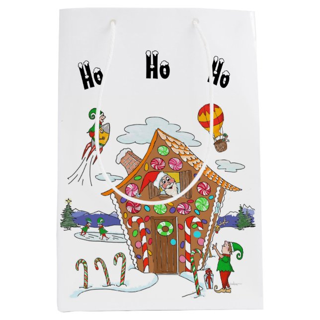 Gingerbrot House Santa and Elves Farbiges Comic Mittlere Geschenktüte (Vorderseite)