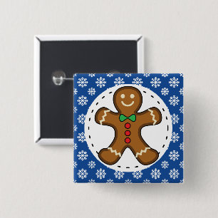 Gingerbrot Man on Blue White Snowflakes Pattern Button