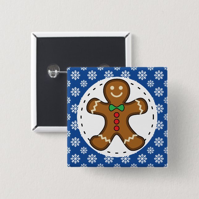 Gingerbrot Man on Blue White Snowflakes Pattern Button (Vorne & Hinten)