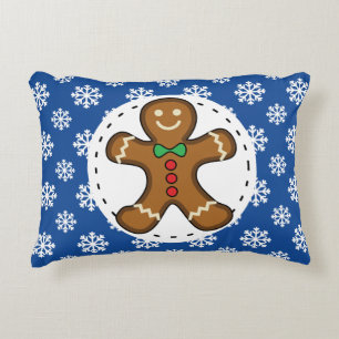 Gingerbrot Man on Blue White Snowflakes Pattern Dekokissen