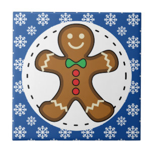 Gingerbrot Man on Blue White Snowflakes Pattern Fliese