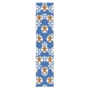 Gingerbrot Man on Blue White Snowflakes Pattern Kurzer Tischläufer